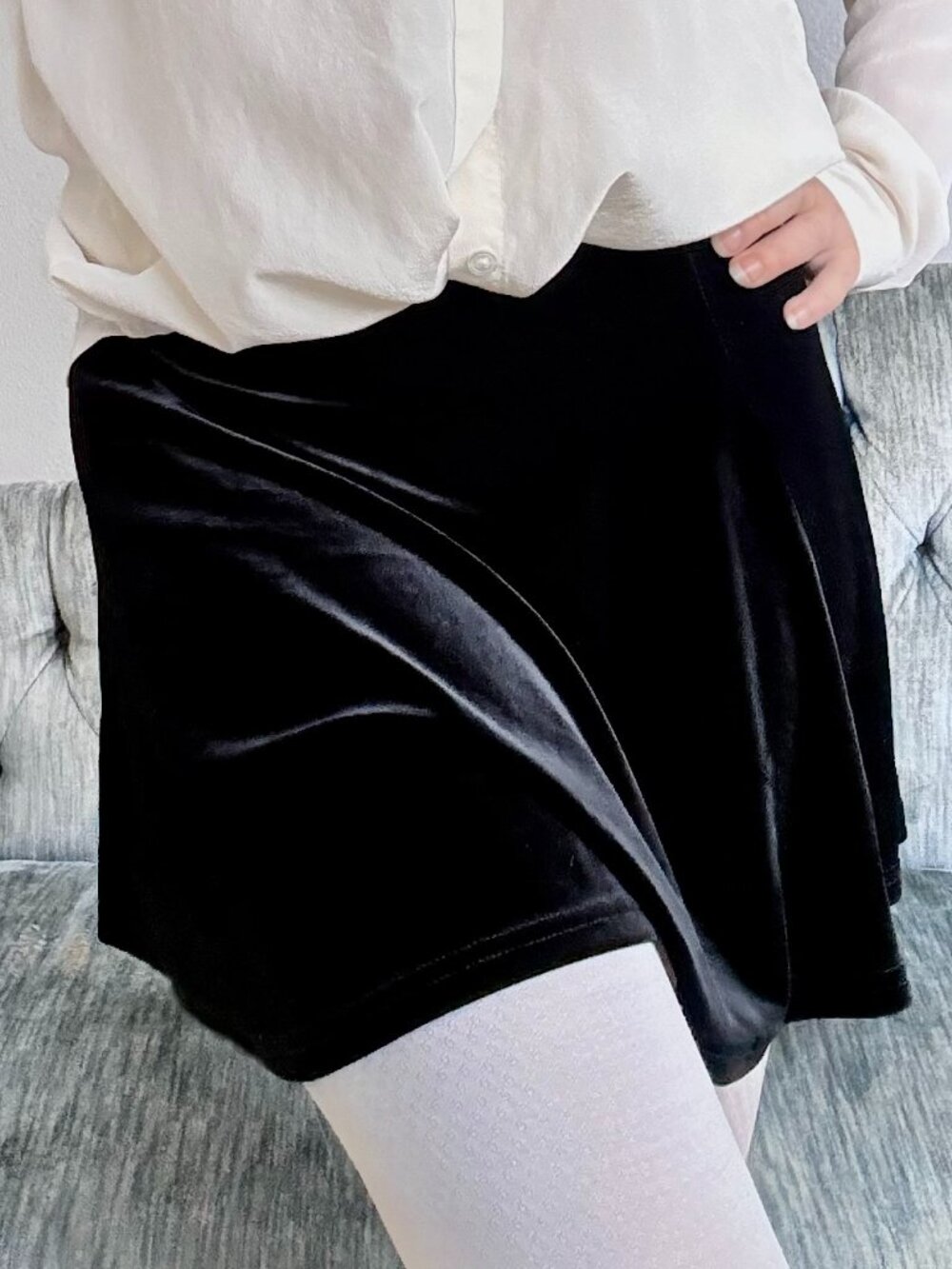 Vintage Black Velvet Skater Mini Skirt  Small Stretch Pull On